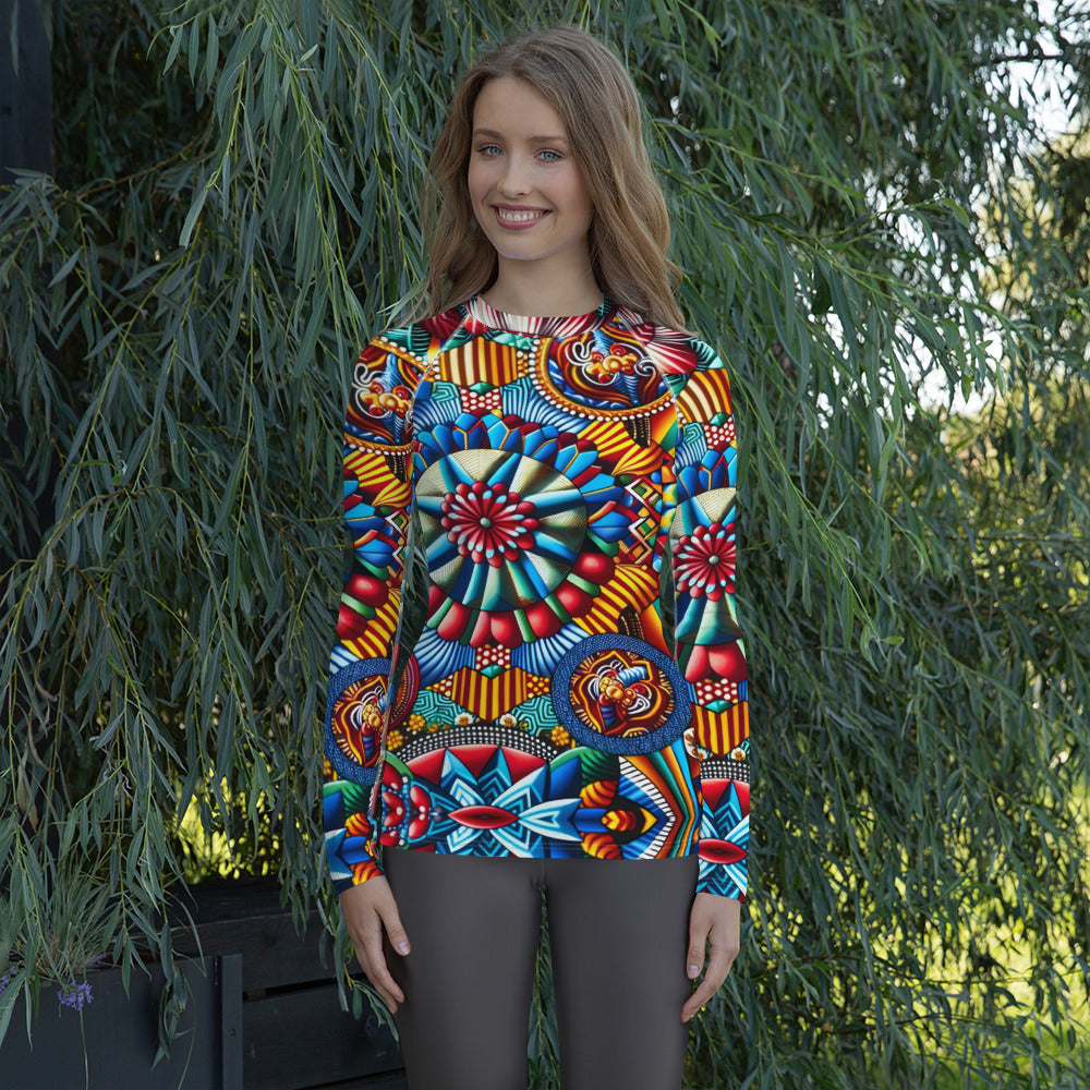 Radiant Kaleidoscope Rash Guard: Aqua Artistry